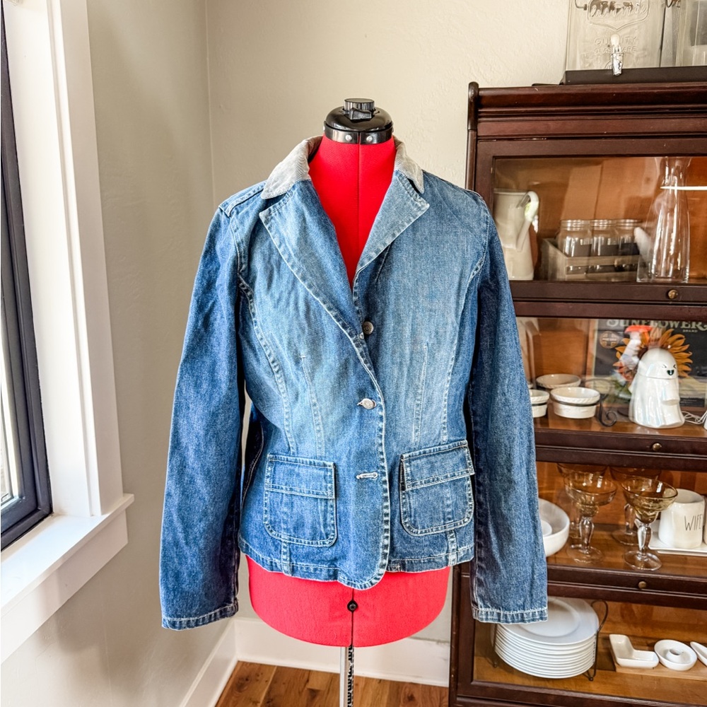 Halogen Medium Blue Denim Jean Jacket with Light Collar